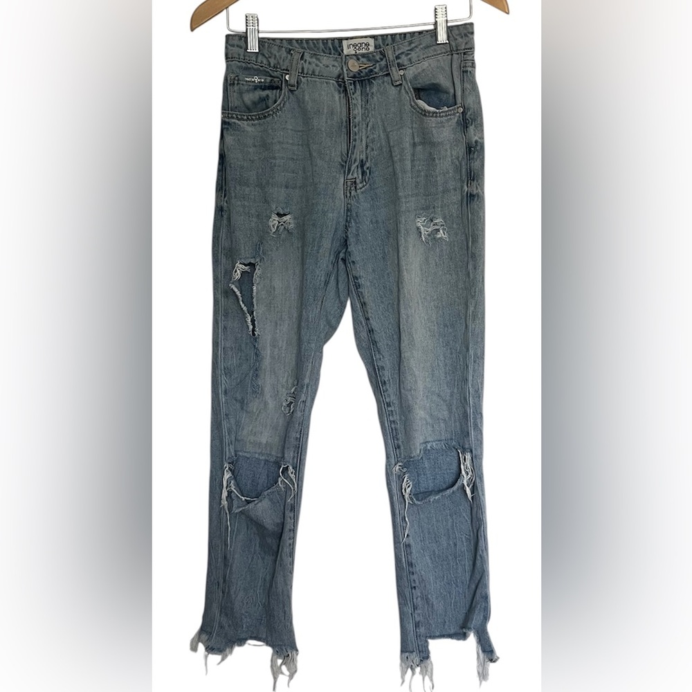 Insane Gene Mid Rise Cropped Light Wash Blue Jeans Distressed Destroyed Sz 5/26